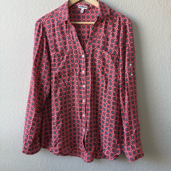 Express Tops - Express Potofino Women's Red and Black‎ Patterned Button Down Blouse